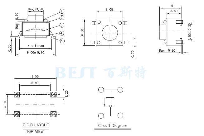 轻触开关TS-1109W参考图纸
