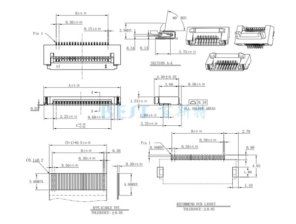 FPC衔接器0.5K-DX-NPWB H=1.5参考图纸